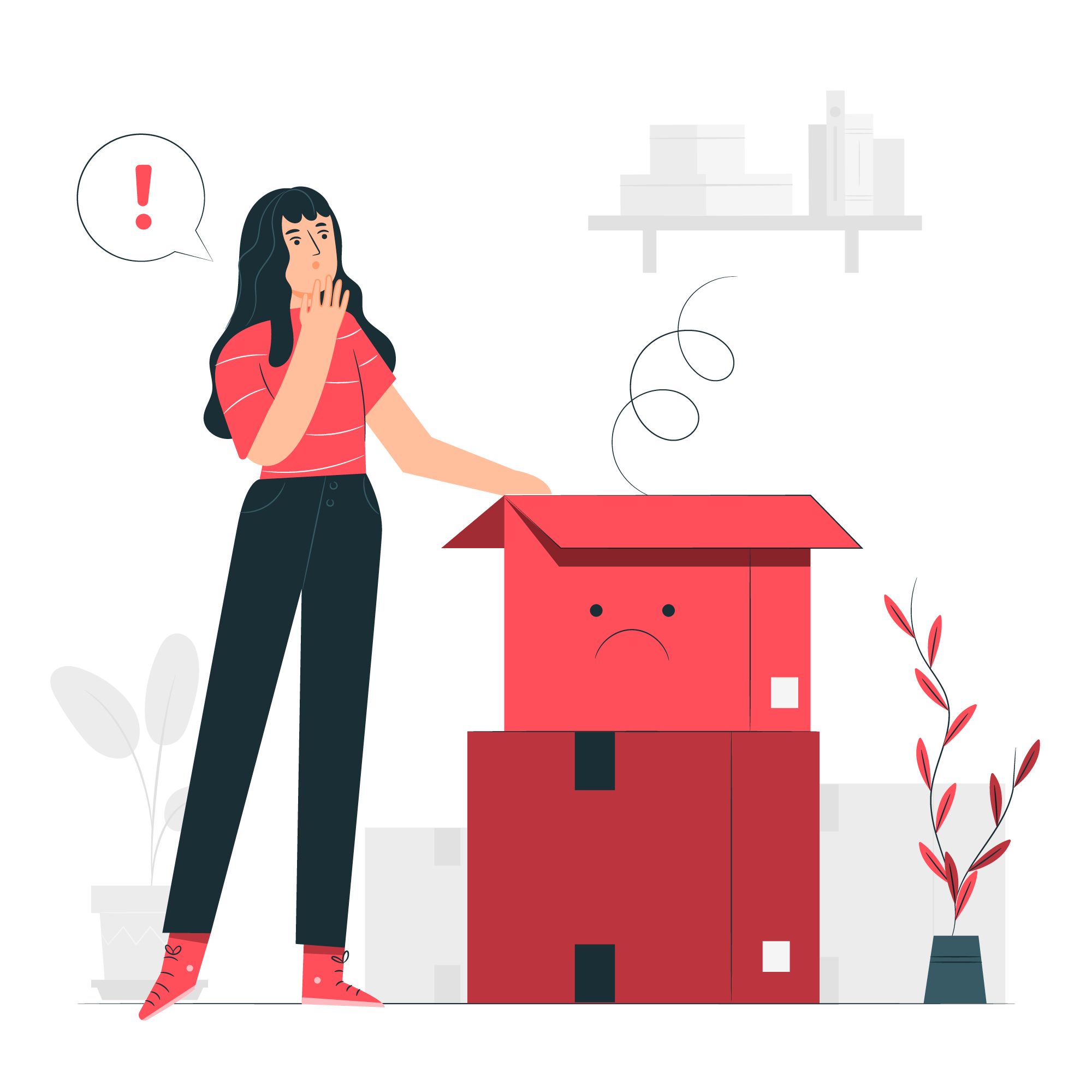 Ilustração de uma mulher preocupada olhando para uma caixa aberta com expressão triste, simbolizando a frase 'Produto com Defeito. Qual o Prazo para Conserto?'. A mulher demonstra surpresa e preocupação com um balão de exclamação acima de sua cabeça, enquanto a caixa emite linhas sinuosas, sugerindo que algo está errado com o produto dentro. A imagem reflete a situação de receber um produto defeituoso e questionar o tempo necessário para reparo