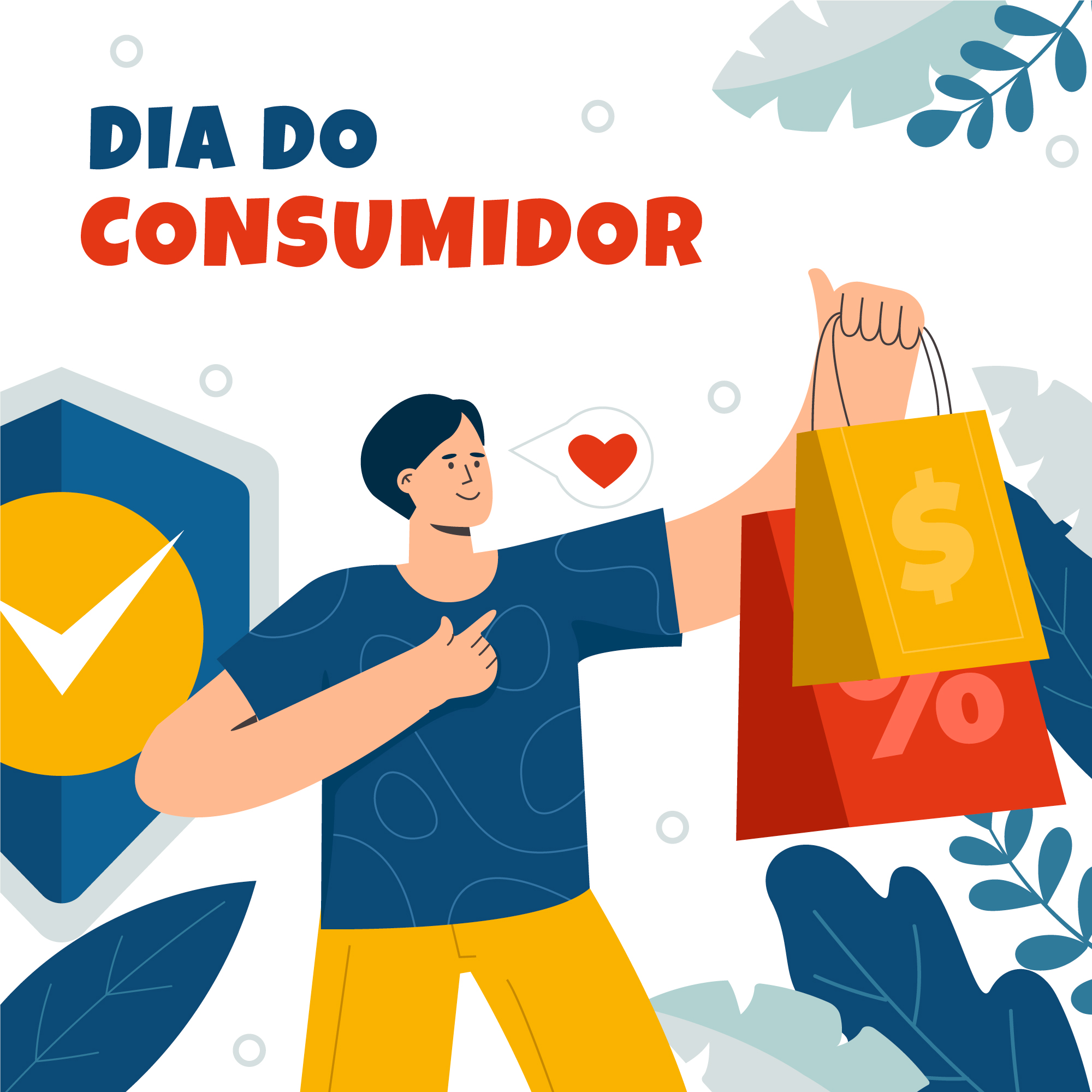 Ilustração de um consumidor segurando sacolas de compras com ícones de cifrão e porcentagem, com um balão de fala contendo um coração, simbolizando satisfação com as compras. Ao fundo, há um escudo com um símbolo de verificação, representando proteção e direitos. A imagem ilustra a frase 'Top 7 Direitos do Consumidor', destacando a importância de conhecer e exercer os principais direitos de quem consome produtos e serviços.