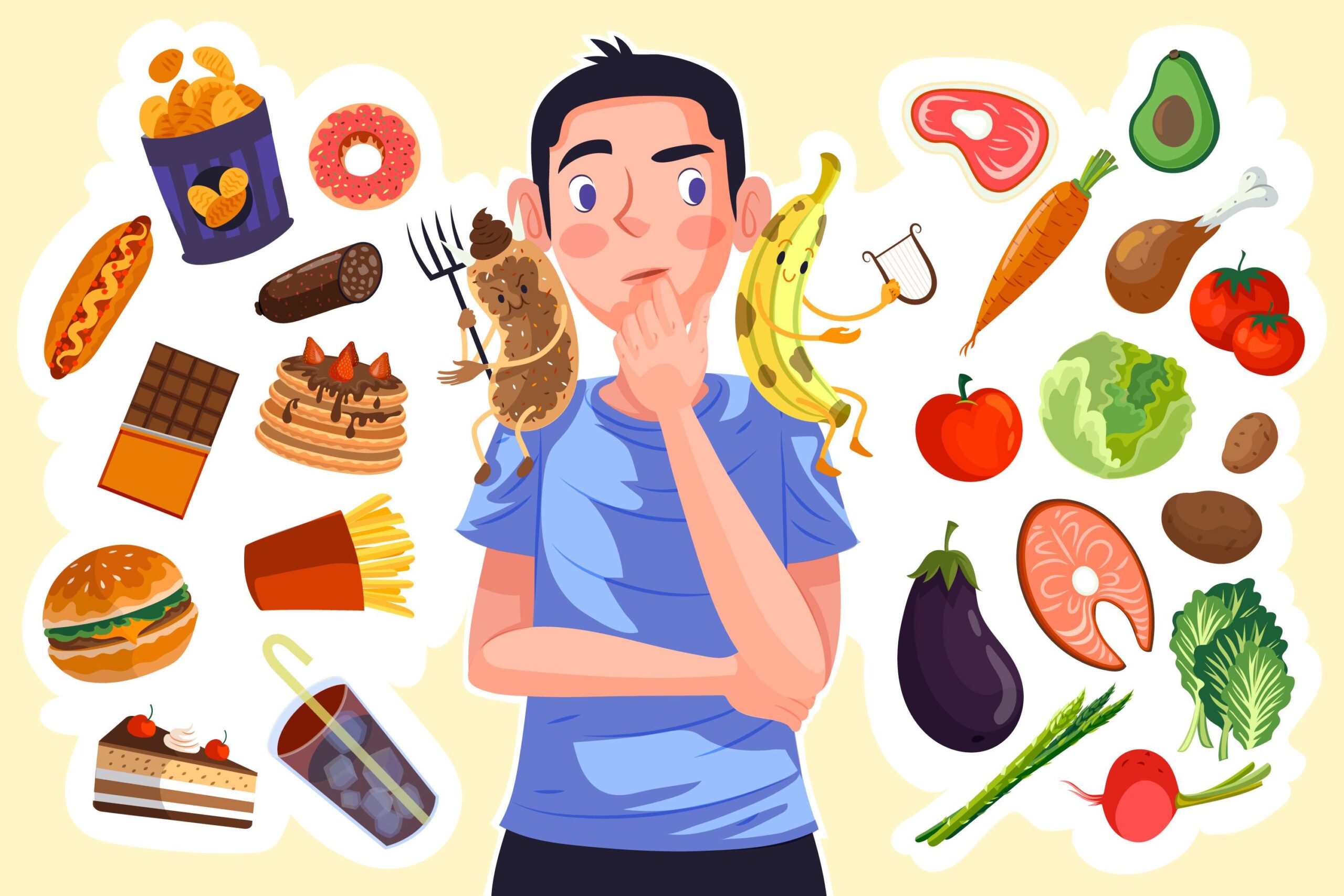 Ilustração de um homem pensativo com alimentos ultraprocessados, como hambúrguer, batata frita, doces e refrigerantes, de um lado, e alimentos saudáveis, como frutas, legumes e carnes, do outro. No ombro esquerdo, uma figura em forma de batata frita com um tridente, e no direito, uma banana com uma lira, simbolizam a escolha entre alimentos saudáveis e ultraprocessados. A imagem está associada ao tema 'Alimentos Ultraprocessados Podem Estar Sabotando Sua Saúde', representando o conflito entre alimentação saudável e prejudicial.