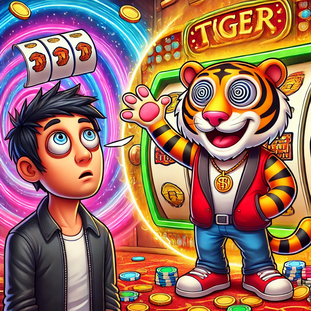 Ilustração de um jovem com expressão hipnotizada olhando para um tigre antropomórfico em frente a uma máquina de caça-níqueis com o nome 'Tiger'. O tigre, com olhos espirais e um grande sorriso, faz um gesto convidativo, cercado por fichas de cassino e moedas, simbolizando as 'Armadilhas do Jogo do Tigrinho'. A imagem sugere o perigo da manipulação e atração exagerada em jogos de azar, destacando os riscos de ser envolvido nesse tipo de atividade.
